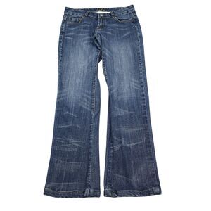 Bebe Pants Womens Blue Flat Front Bootcut Button Zip Dark Wash Denim Jeans